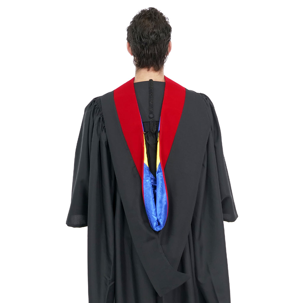 Deluxe Bachelors/Masters Hood - Scarlet Velvet, Royal Blue & Golden Yellow