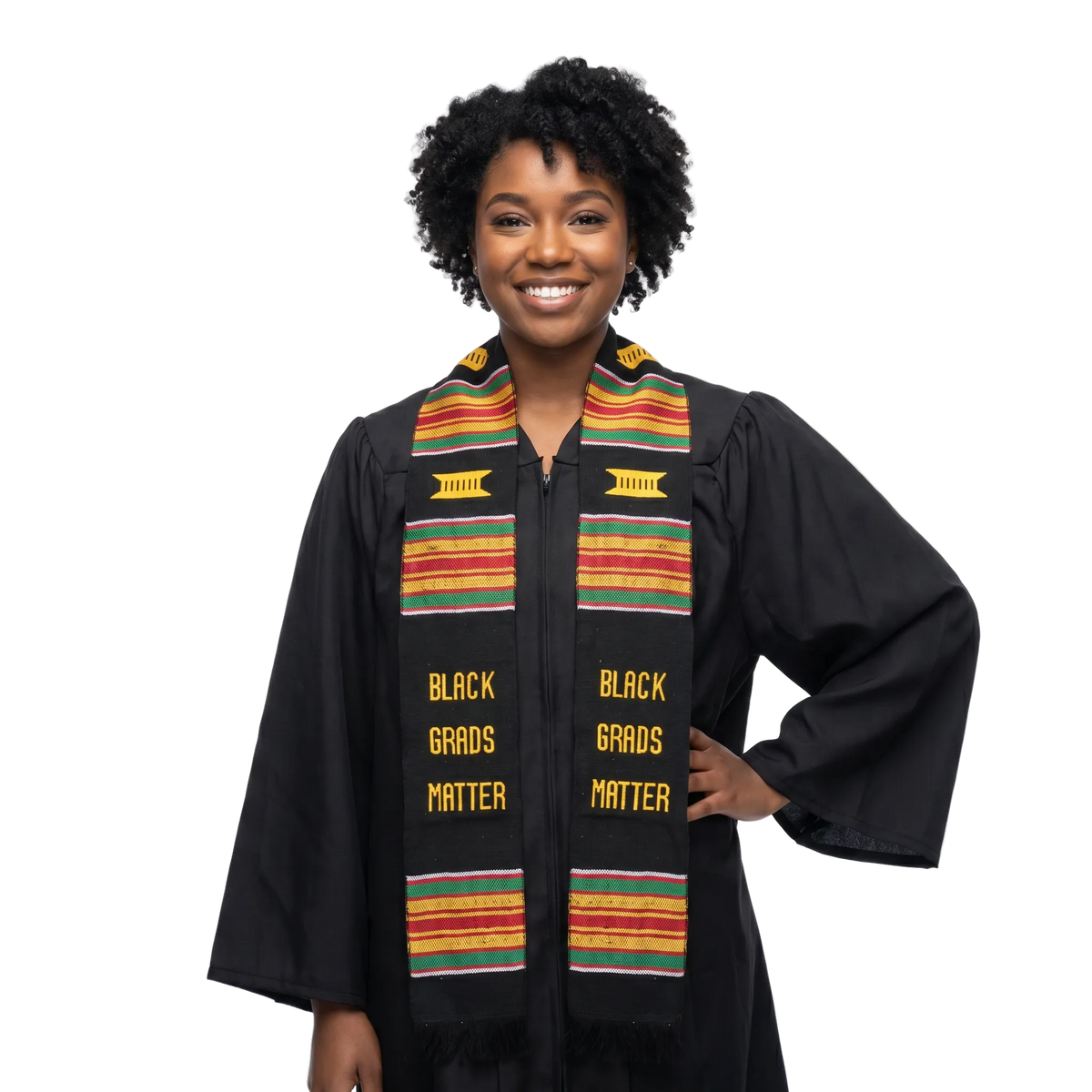 Black Grads Matter handwoven Kente cloth graduation stole in black and gold