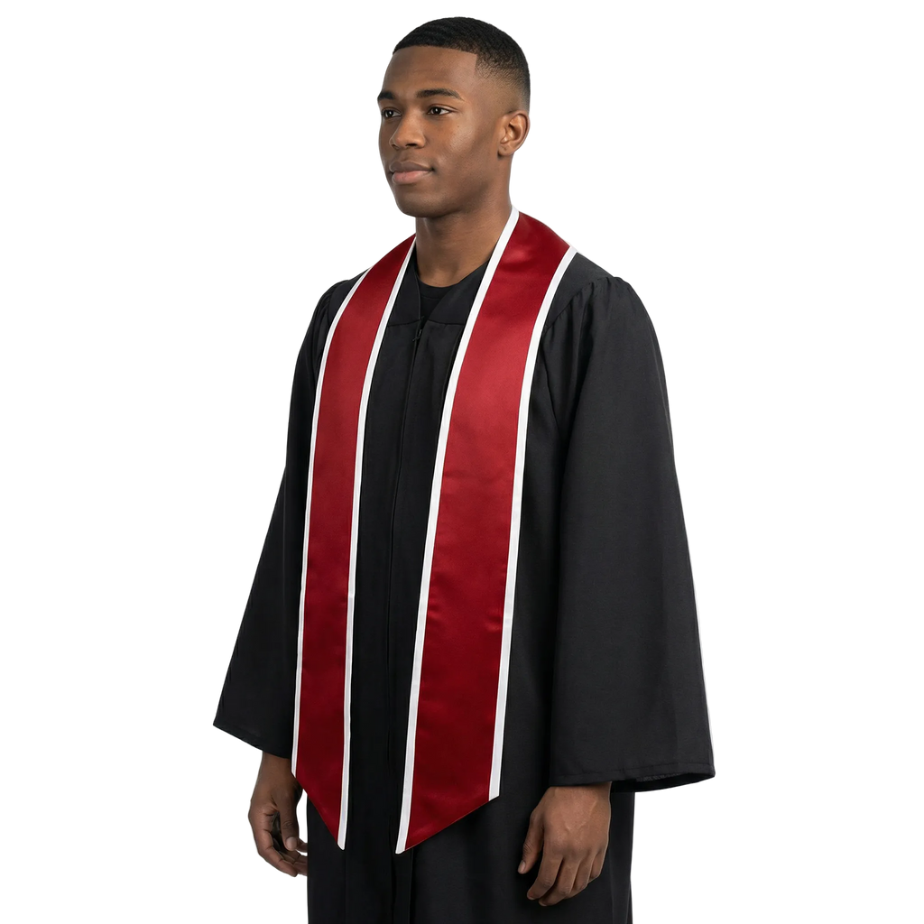 Crimson graduation stole with white trim and slanted ends