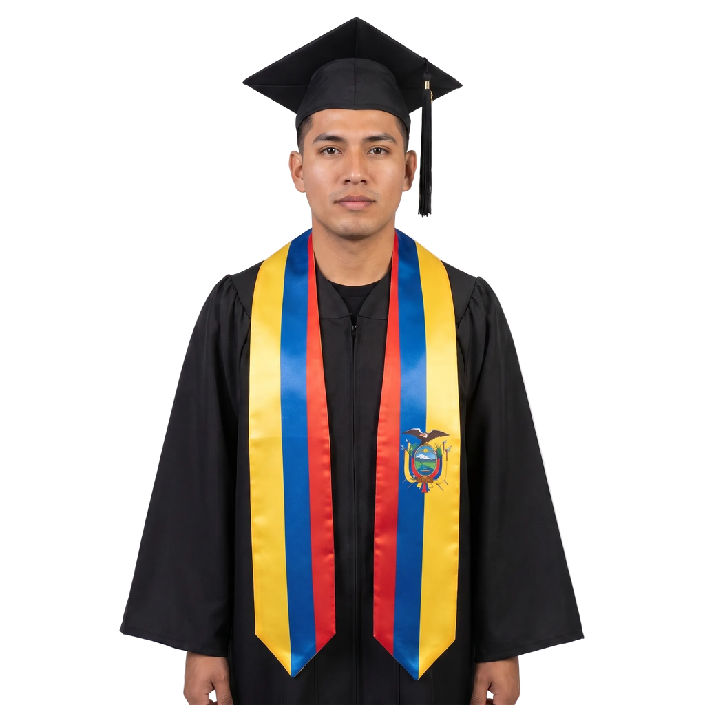 Ecuador graduation stole with yellow, blue, and red vertical stripes and the Ecuadorian coat of arms, Ecuador flag sash.
