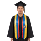 Ecuador graduation stole with yellow, blue, and red vertical stripes and the Ecuadorian coat of arms, Ecuador flag sash.
