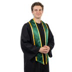 Hunter green graduation stole with gold trim and slanted ends