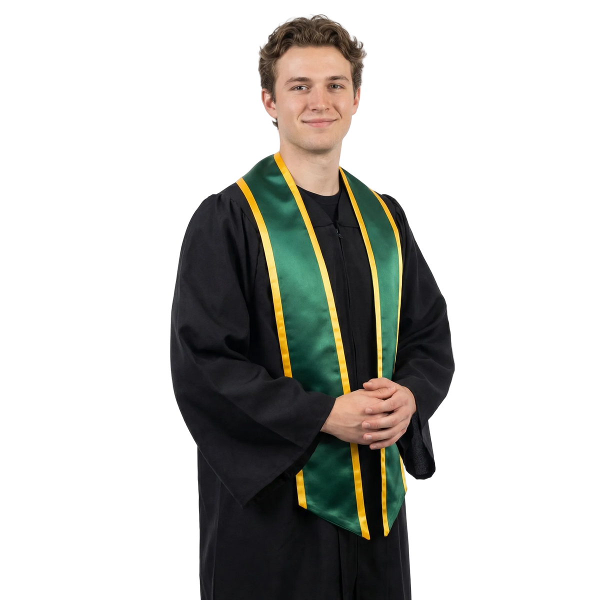 Hunter green graduation stole with gold trim and slanted ends