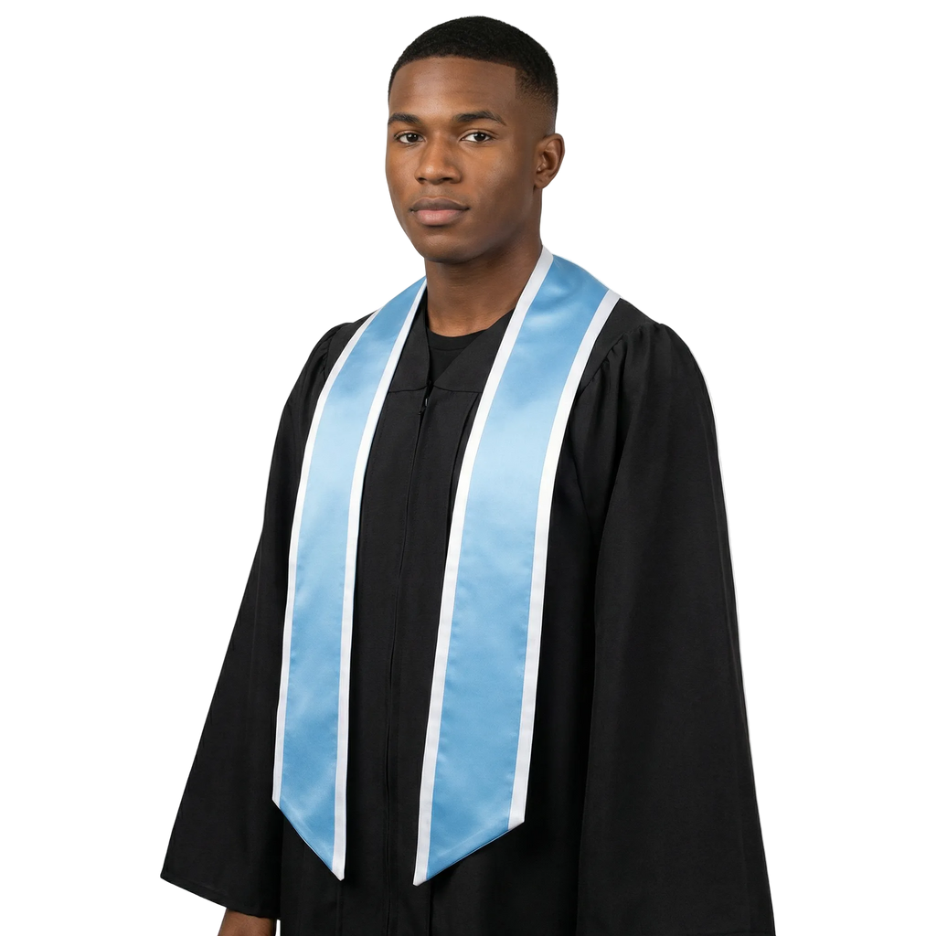 Light blue slanted graduation stole with white trim and angled ends