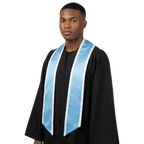 Light blue slanted graduation stole with white trim and angled ends