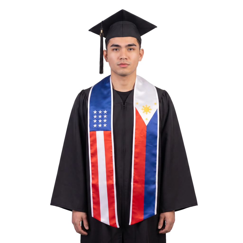 **Mixed USA & Philippines flag graduation stole with combined American and Filipino flag sash design**