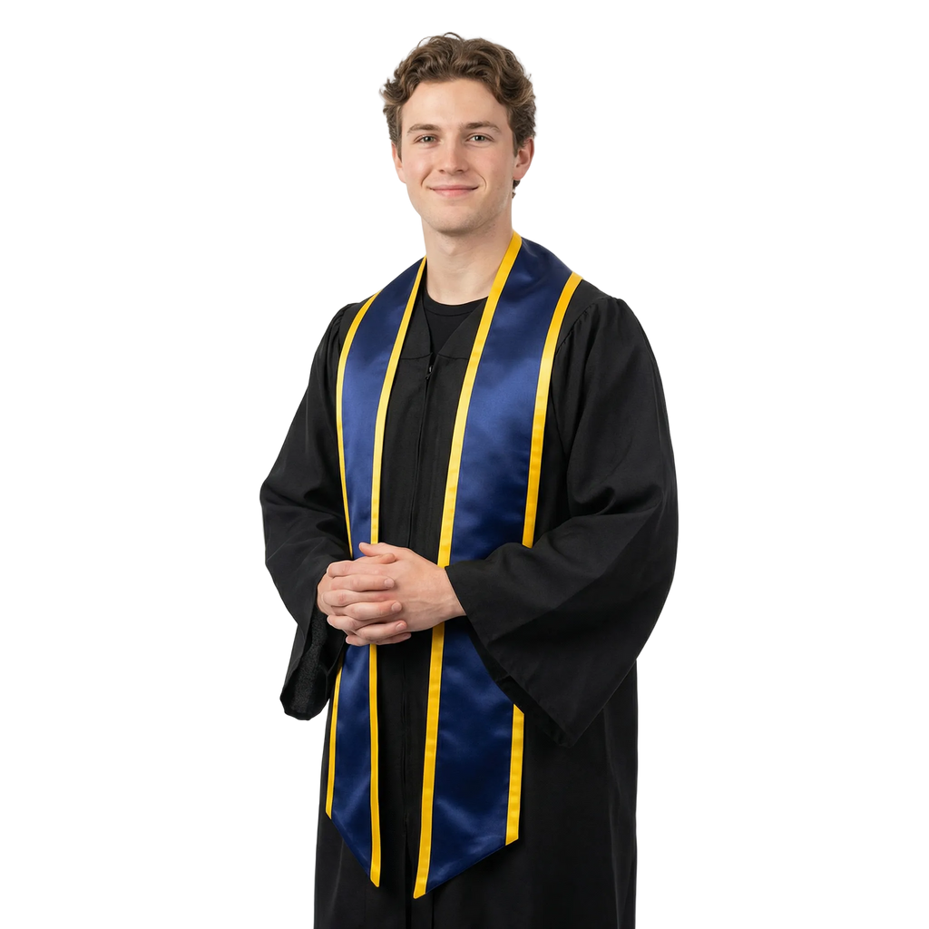 Navy blue slanted graduation stole with gold trim and angled ends