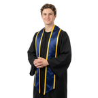 Navy blue slanted graduation stole with gold trim and angled ends
