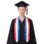 Netherlands graduation stole with red, white, and blue vertical stripes, Dutch flag sash.