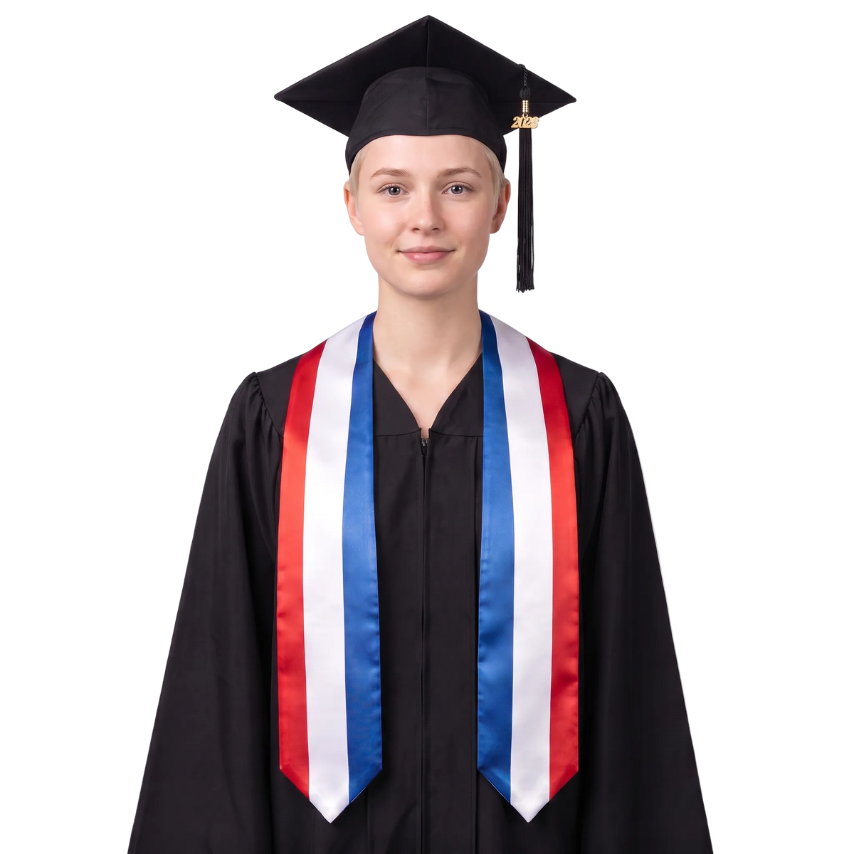 Netherlands graduation stole with red, white, and blue vertical stripes, Dutch flag sash.