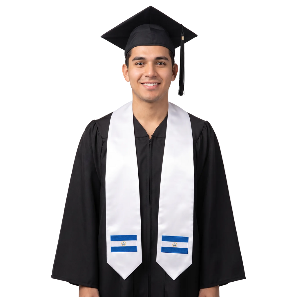 White Nicaragua graduation stole with embroidered blue and white Nicaragua flag patches on both ends.
