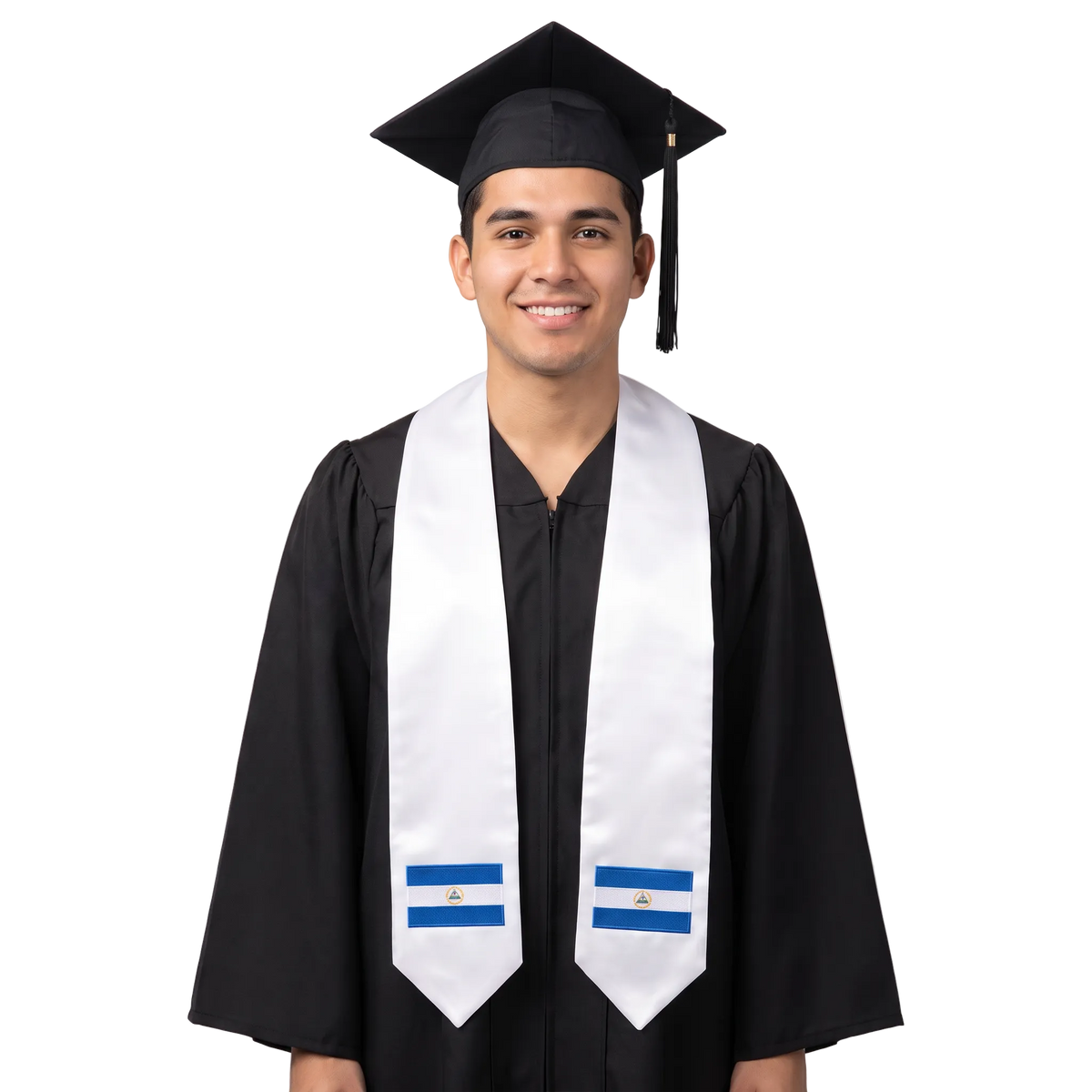 White Nicaragua graduation stole with embroidered blue and white Nicaragua flag patches on both ends.
