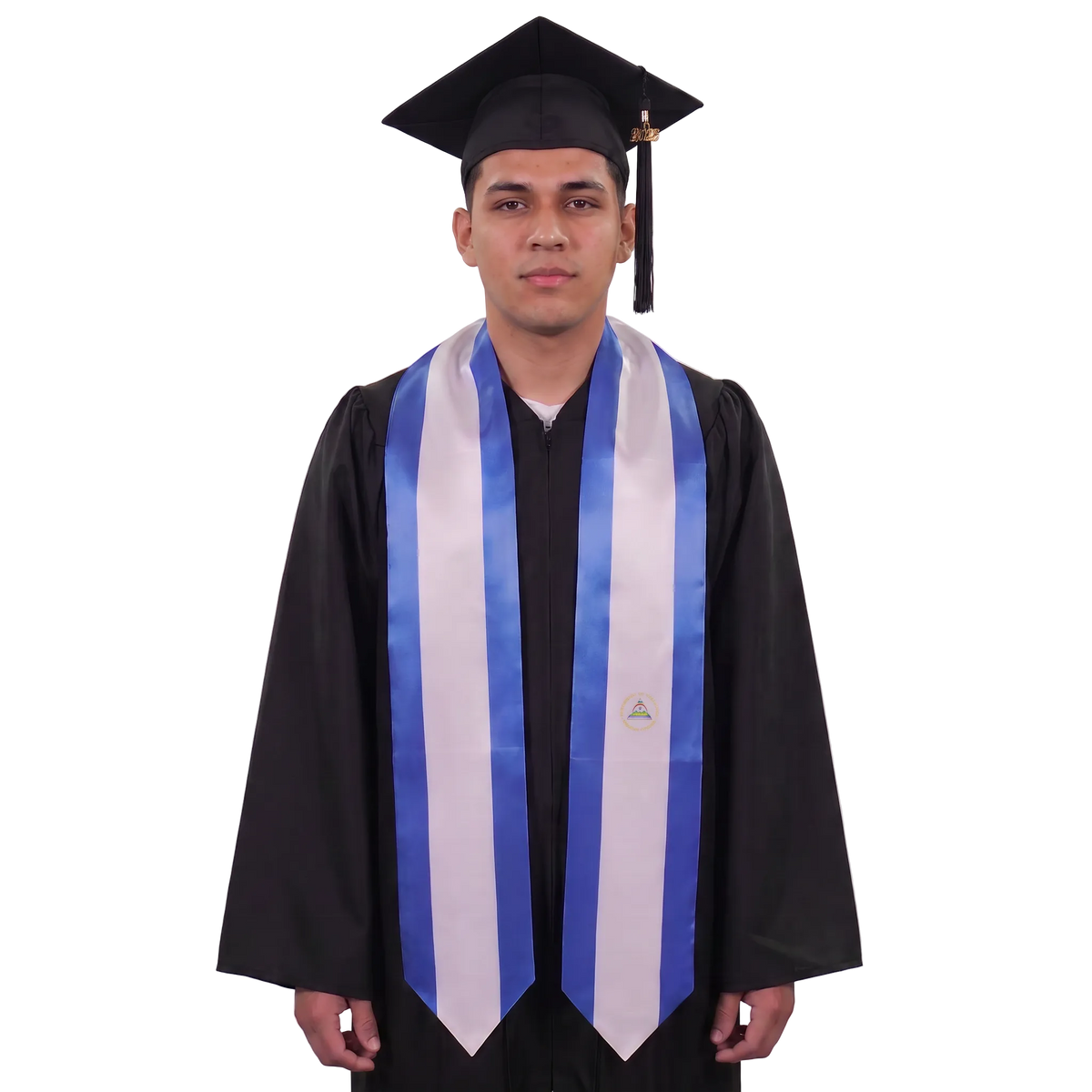 Nicaragua graduation stole with blue and white vertical stripes and the Nicaraguan coat of arms, Nicaragua flag sash.
