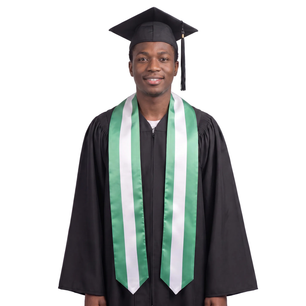 Nigeria graduation stole with green and white vertical stripes, Nigerian flag sash.
