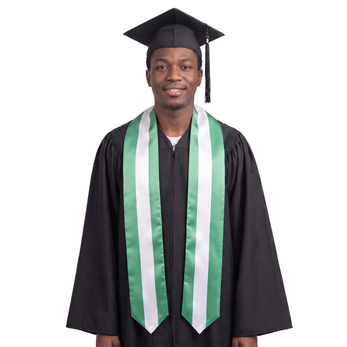 Nigeria graduation stole with green and white vertical stripes, Nigerian flag sash.
