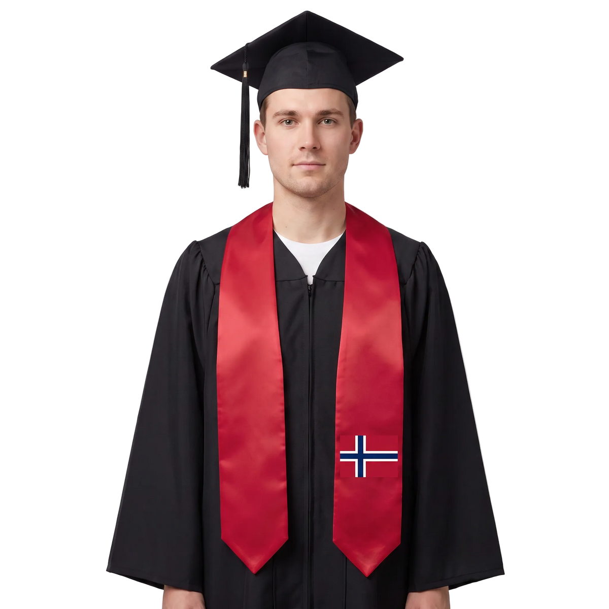 Norway graduation stole with Norwegian flag design, satin graduation sash for high school and college commencement