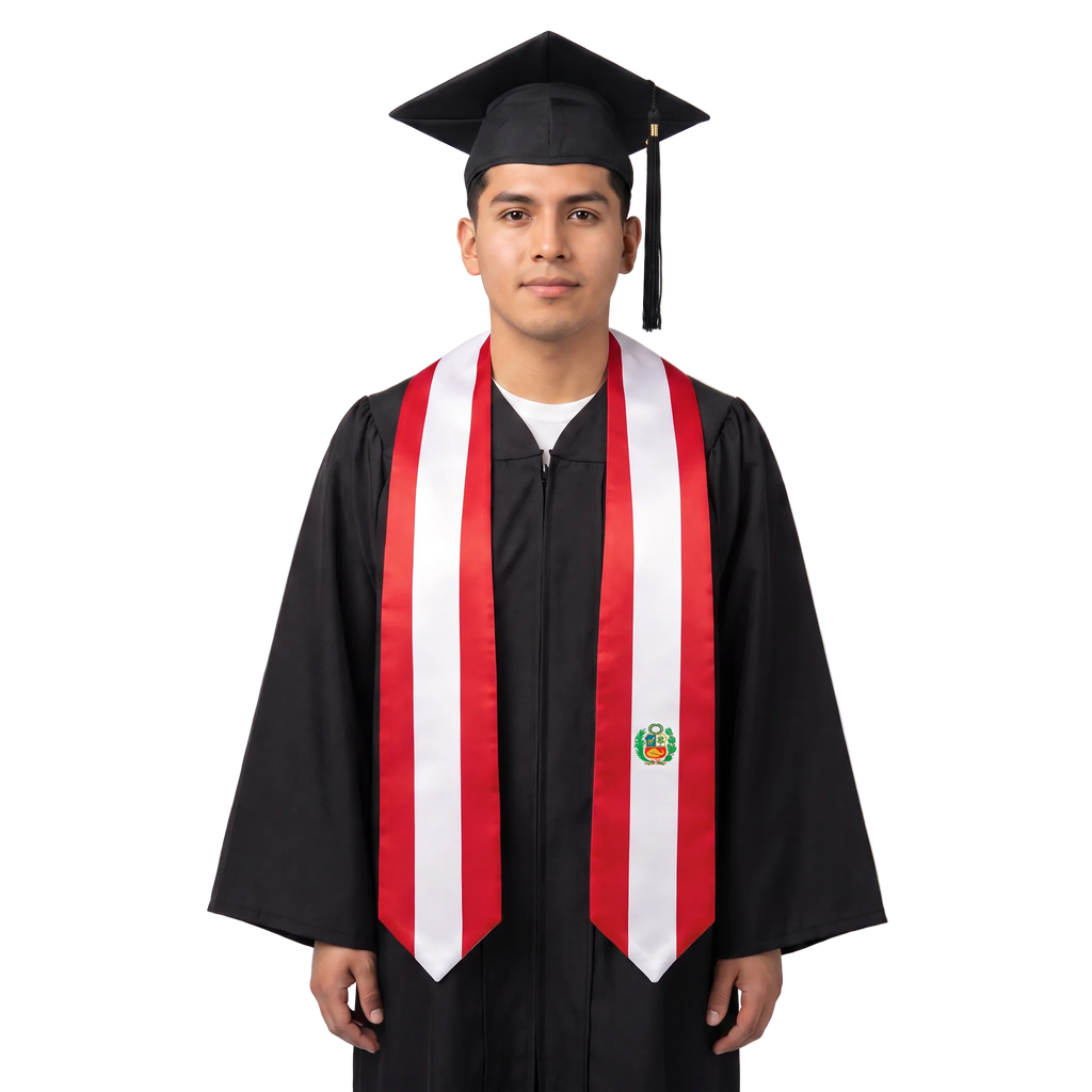 Peru graduation stole with red and white vertical stripes and the Peruvian coat of arms, Peruvian flag sash.

