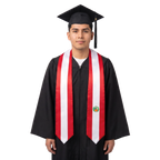 Peru graduation stole with red and white vertical stripes and the Peruvian coat of arms, Peruvian flag sash.
