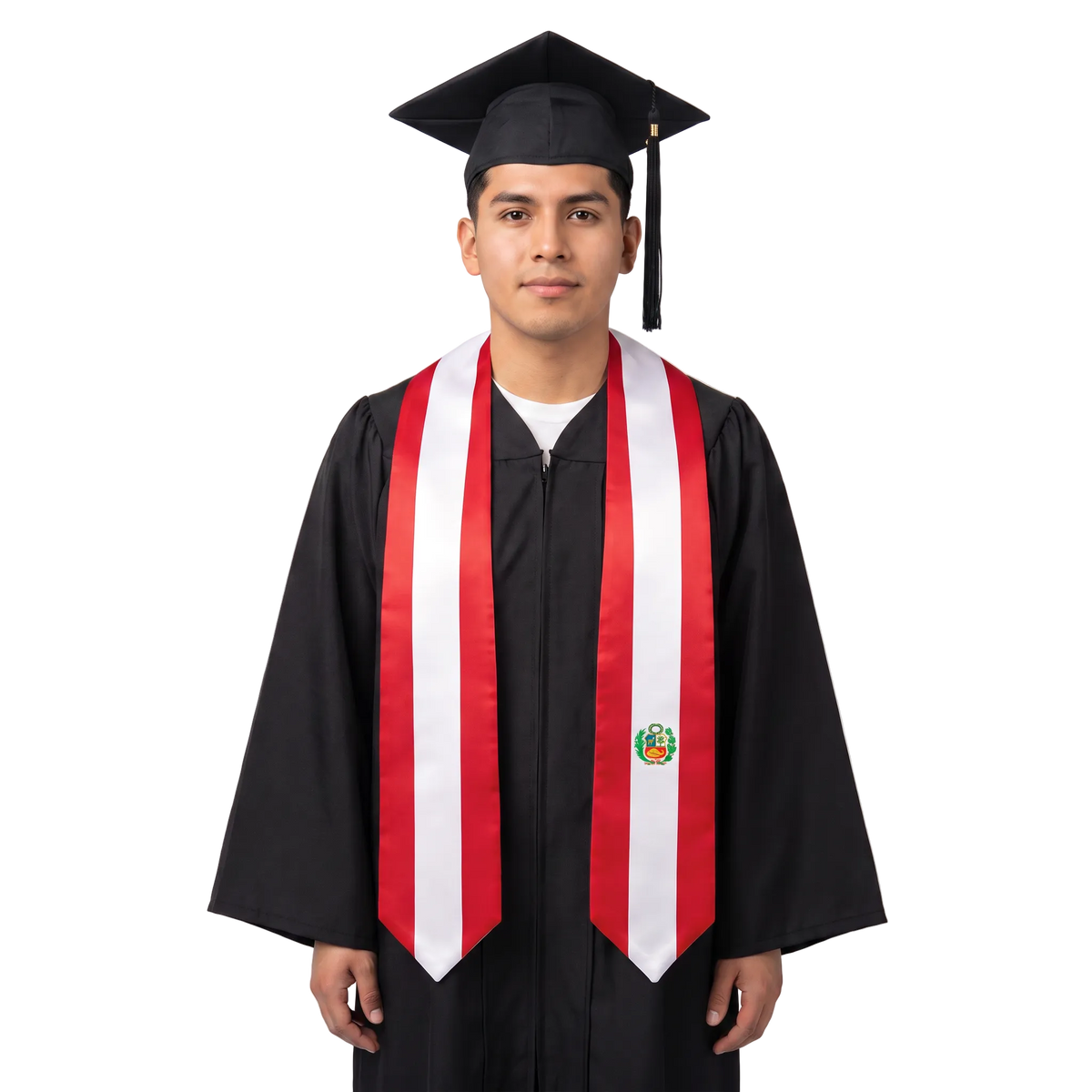 Peru graduation stole with red and white vertical stripes and the Peruvian coat of arms, Peruvian flag sash.
