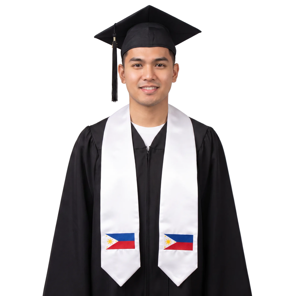 White Philippines graduation stole with embroidered Philippine flag patches on both ends.
