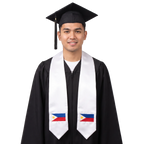 White Philippines graduation stole with embroidered Philippine flag patches on both ends.

