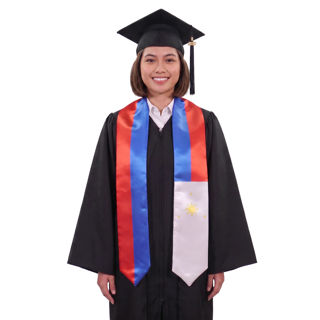 Philippines graduation stole with red and blue panels and a white panel featuring a gold sun and three stars, Philippine flag sash.
