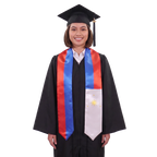 Philippines graduation stole with red and blue panels and a white panel featuring a gold sun and three stars, Philippine flag sash.
