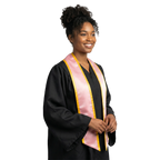 Pink graduation stole with gold trim and slanted ends