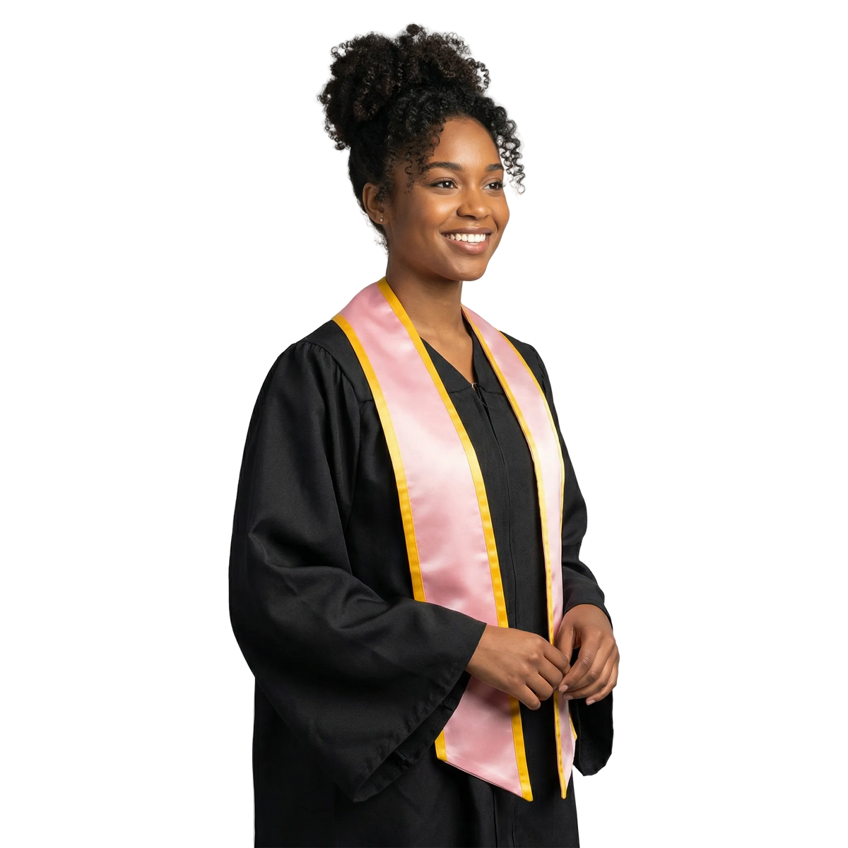 Pink graduation stole with gold trim and slanted ends
