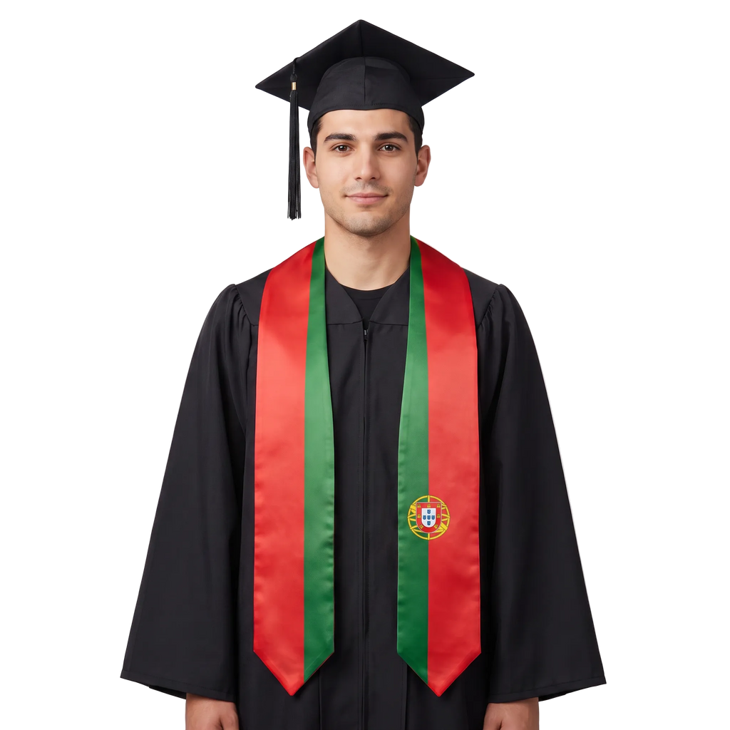 Portugal graduation stole with red and green panels and the Portuguese coat of arms, Portuguese flag sash.
