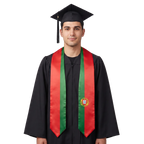 Portugal graduation stole with red and green panels and the Portuguese coat of arms, Portuguese flag sash.
