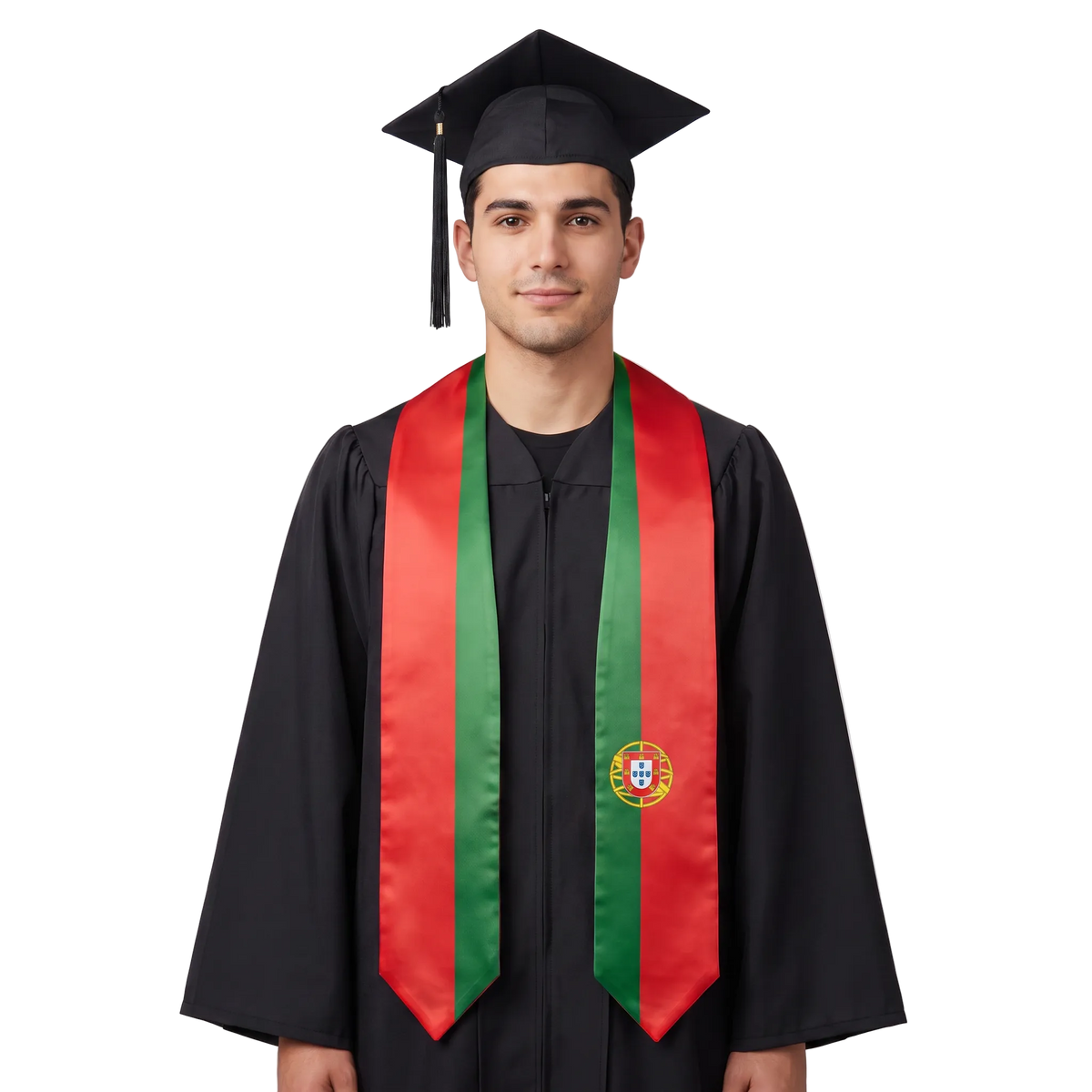 Portugal graduation stole with red and green panels and the Portuguese coat of arms, Portuguese flag sash.
