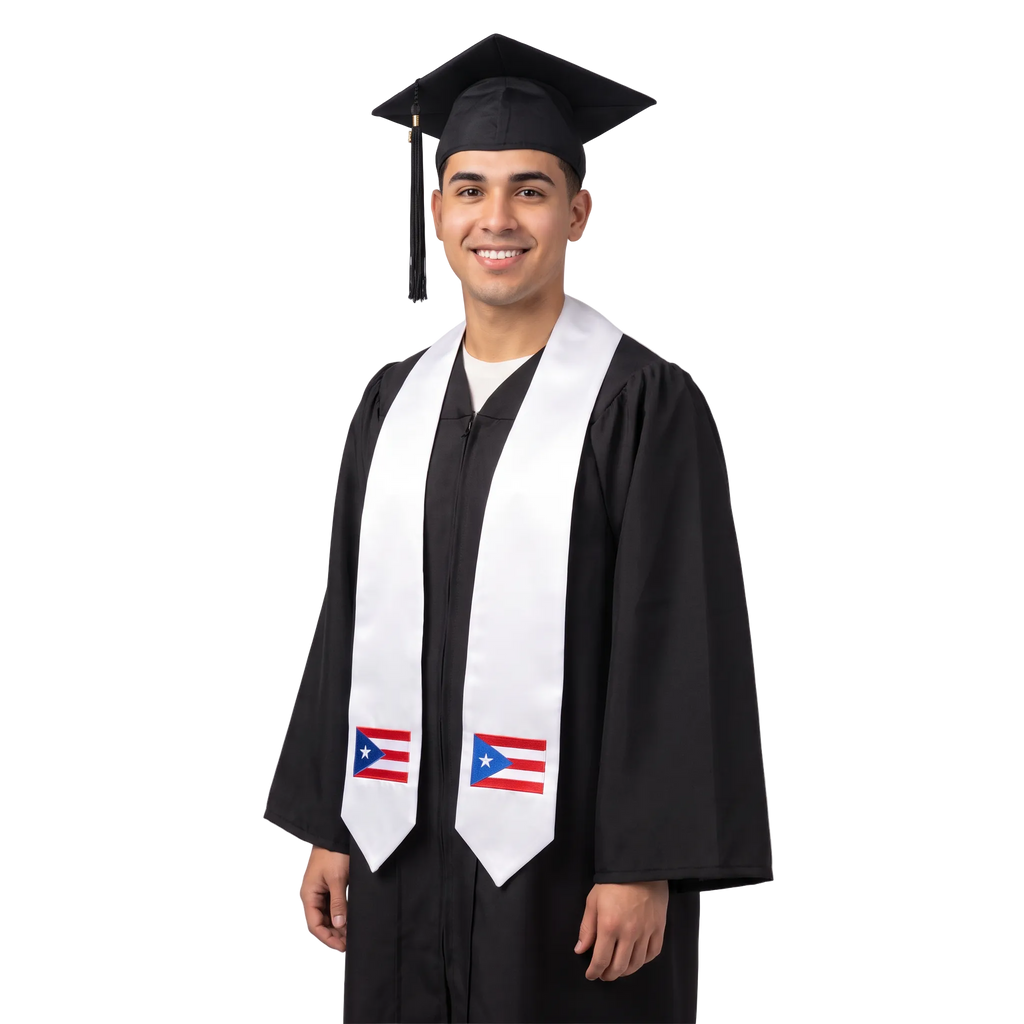 White Puerto Rico graduation stole with embroidered Puerto Rican flag patches on both ends.

