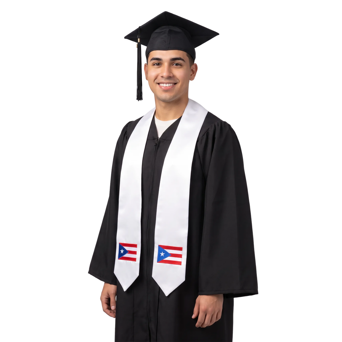 White Puerto Rico graduation stole with embroidered Puerto Rican flag patches on both ends.
