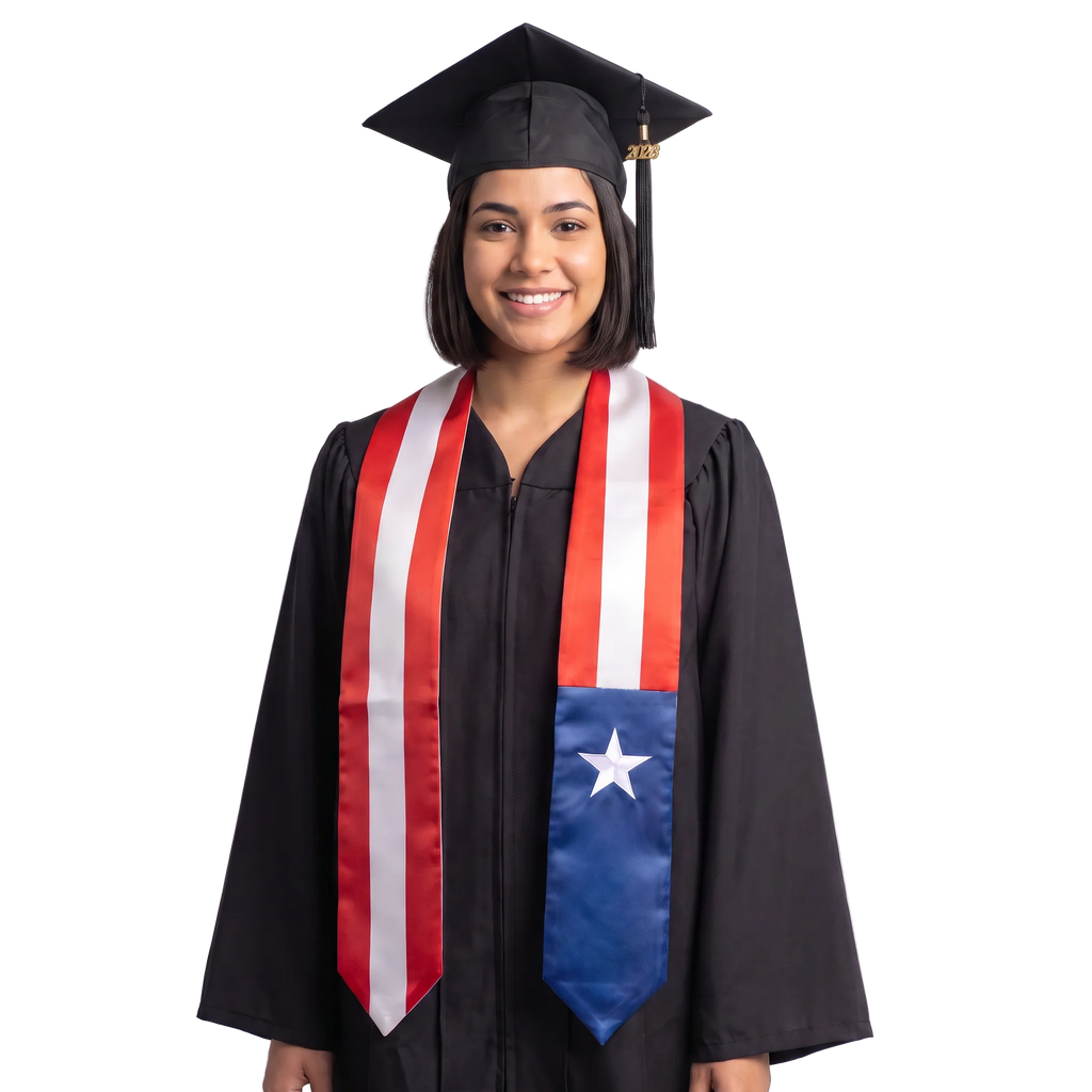 Graduate wearing a Puerto Rico graduation stole with red and white stripes and a blue panel featuring a white star, Puerto Rican flag sash.
