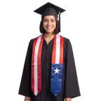 Graduate wearing a Puerto Rico graduation stole with red and white stripes and a blue panel featuring a white star, Puerto Rican flag sash.

