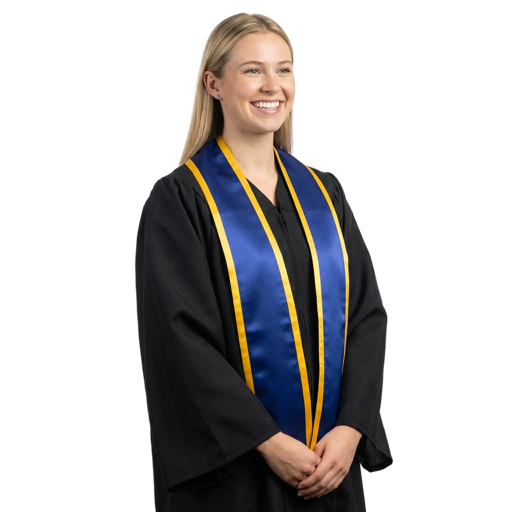 Royal blue slanted graduation stole with gold trim and angled ends