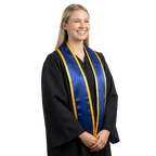 Royal blue slanted graduation stole with gold trim and angled ends