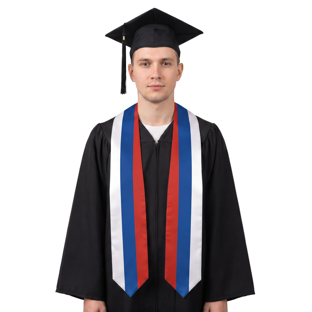 Russia graduation stole with white, blue, and red vertical stripes, Russian flag sash.
