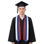 Russia graduation stole with white, blue, and red vertical stripes, Russian flag sash.
