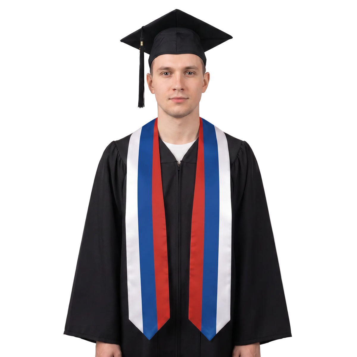 Russia graduation stole with white, blue, and red vertical stripes, Russian flag sash.
