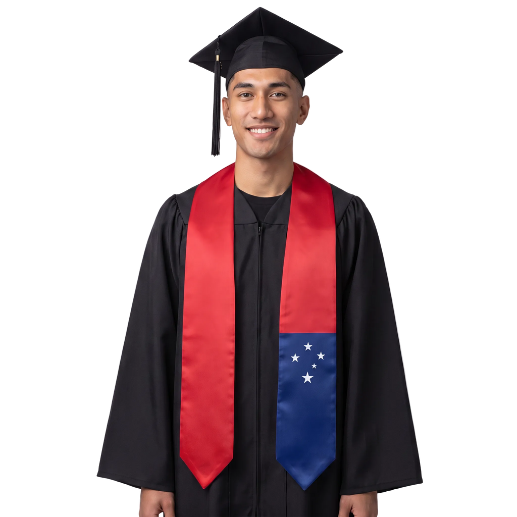 Samoa graduation stole with red panels and a blue panel featuring five white Southern Cross stars, Samoan flag sash.
