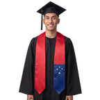 Samoa graduation stole with red panels and a blue panel featuring five white Southern Cross stars, Samoan flag sash.
