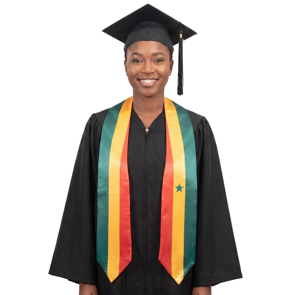 Graduate wearing a Senegal graduation stole with green, yellow, and red stripes and a green star, Senegalese flag sash.
