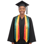 Graduate wearing a Senegal graduation stole with green, yellow, and red stripes and a green star, Senegalese flag sash.
