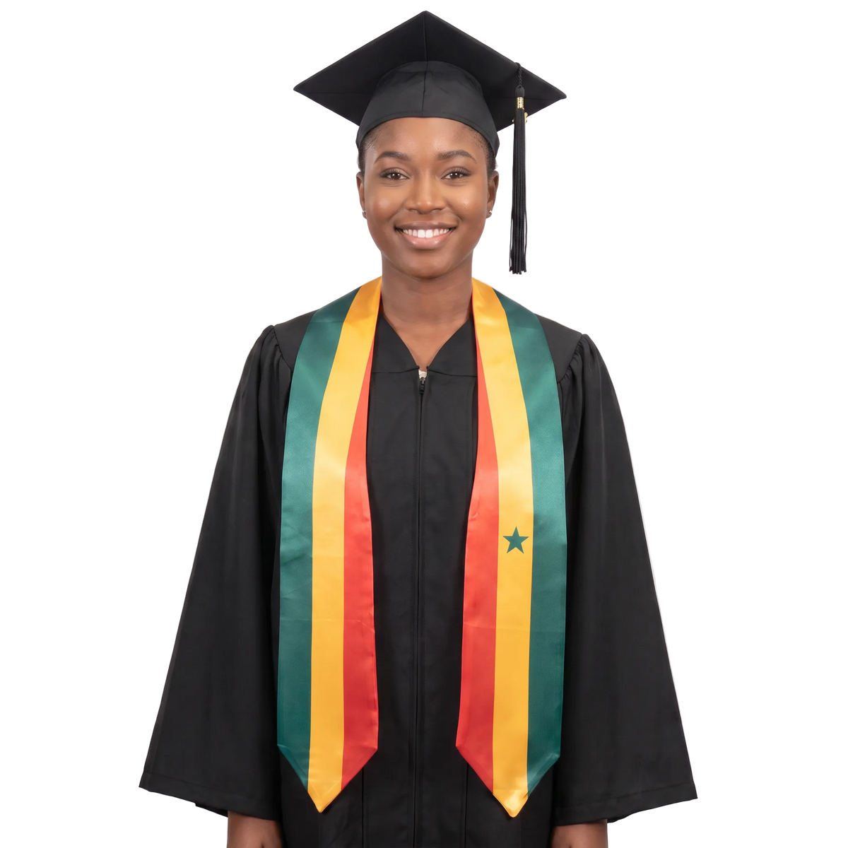 Graduate wearing a Senegal graduation stole with green, yellow, and red stripes and a green star, Senegalese flag sash.
