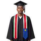 South Sudan graduation stole with black, red, green, and white stripes and a blue panel with a yellow star, South Sudanese flag sash.
