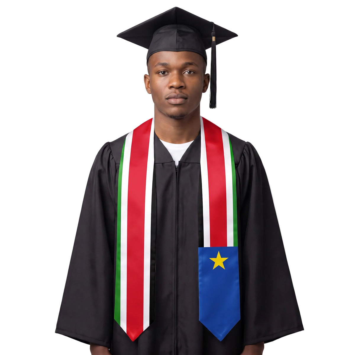 South Sudan graduation stole with black, red, green, and white stripes and a blue panel with a yellow star, South Sudanese flag sash.
