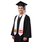 White Spain graduation stole with red and yellow Spanish flag patches on both ends.
