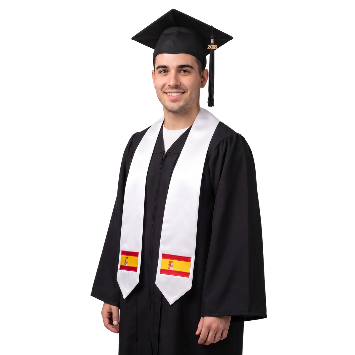 White Spain graduation stole with red and yellow Spanish flag patches on both ends.
